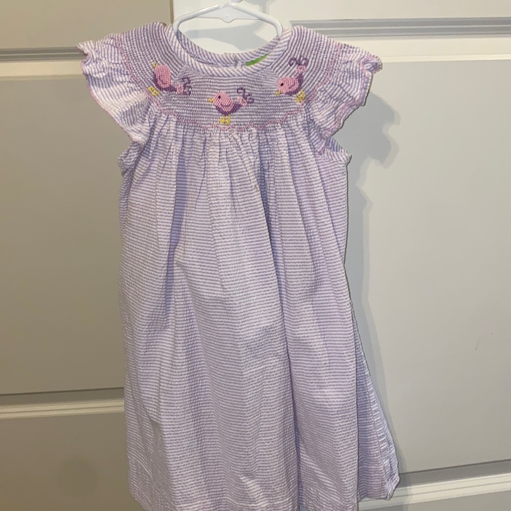 Purple seat sucker smocked dress with birds